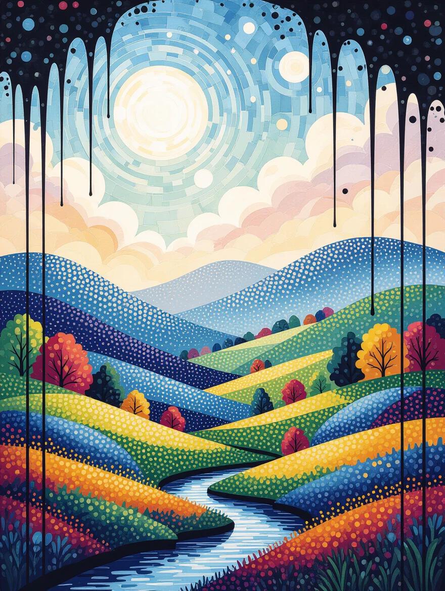 Colorful landscape scene created with tiny colored dots and ink drips. Features trees, hills, and sky in pointillism style. Bold black drips create a blend of precision and abstraction. Soft natural light enhances the scene. Textured canvas appearance.