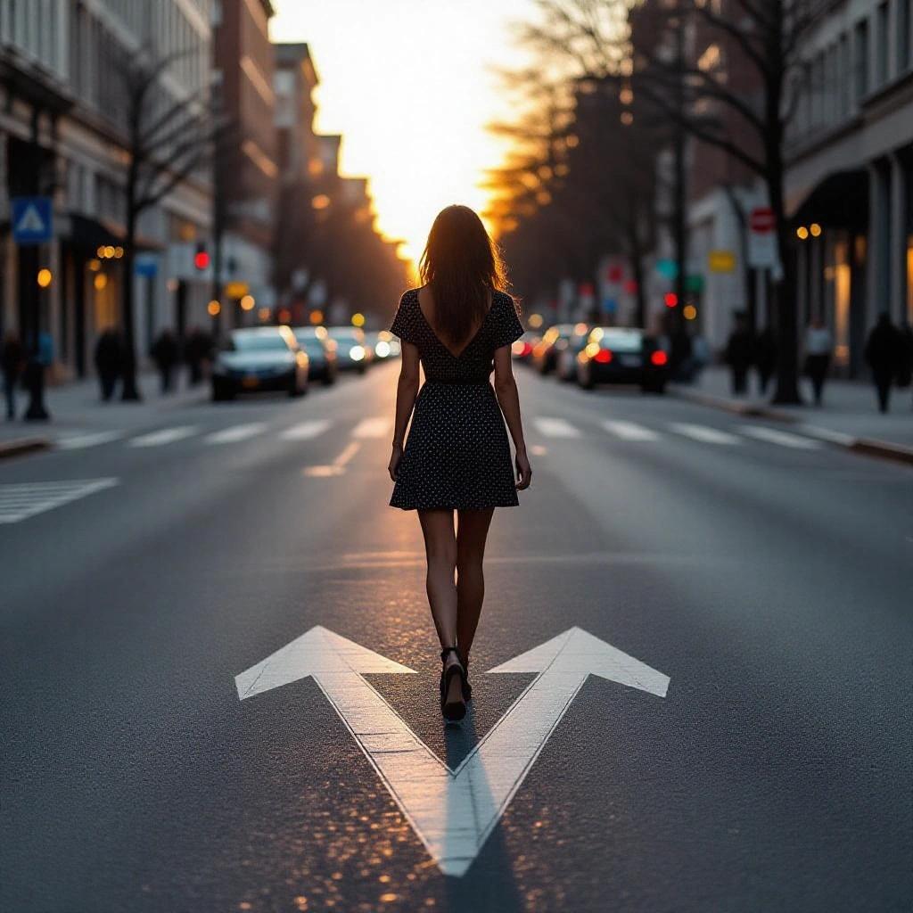 Background image of a street with painted arrow. Silhouette of a woman in a dress walking across the street.