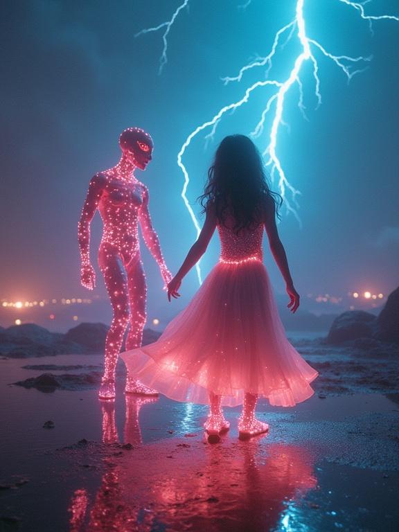 A glowing girl dances with a translucent alien under a neon plasma storm on a forgotten planet. Electric arcs illuminate the sky. The ground is wet and reflective. The perspective is wide and dynamic with surreal lighting and intense contrast.