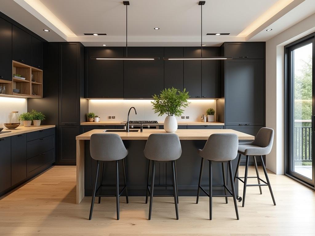 The image features a modern kitchen with a sleek design. It has dark cabinetry, complemented by wooden accents. A large island with a wooden surface serves as a central gathering point. There are high stools with gray upholstery around the island. Under the island, there are stylish high stools on a metal frame. The kitchen is well-lit with sleek overhead lighting. There are plants on the countertop adding a touch of green. The flooring is made of light wood, enhancing the spacious feel of the room.