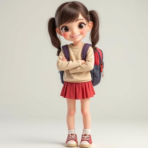 Young schoolgirl smiling with pigtails and backpack. Wearing a sweater and a pleated skirt. Standing confidently with arms crossed. Full body view from the front.