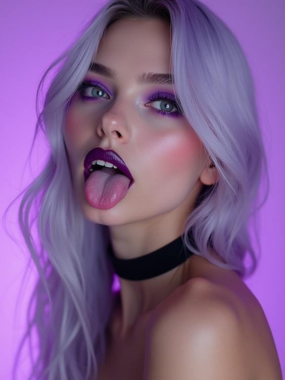 One girl photo with striking purple eyes. Long light purple hair. Playful expression with tongue out. Slim body with black choker. Skin details show textures. Portrait shoot features dramatic lighting. Background gradients from light to dark purple.