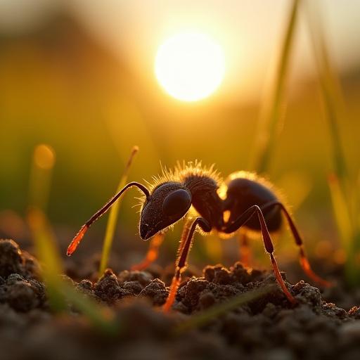A hyper-realistic macro shot from an ant’s eye level perspective. The camera simulates placement in the ant's compound eye. Tight focus on soil and grass details with blurred meadow background. Captured during morning light at 9:00 AM. Image highlights golden warm tones and intricate eye facets.