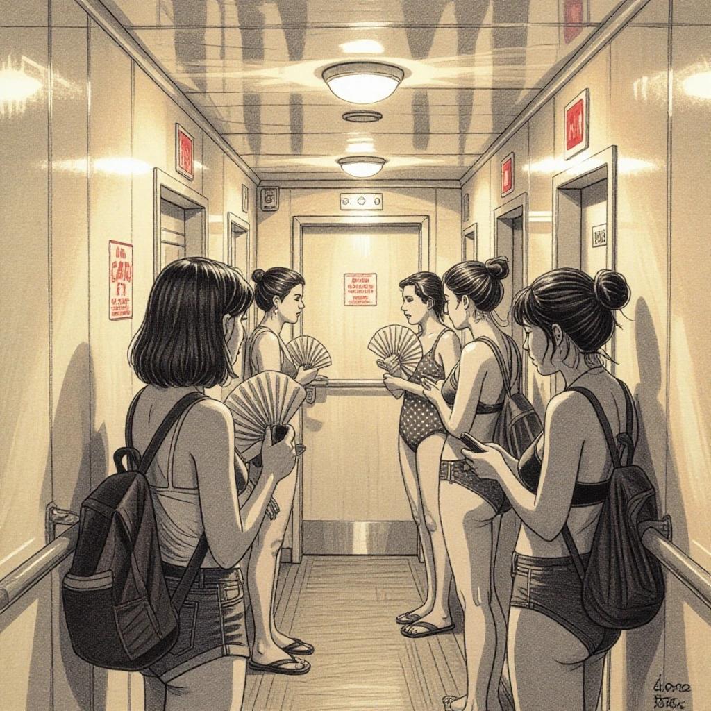 A sketch from the perspective of a tall young woman. A narrow corridor on a tropical island ferry. Passengers stand near a closed bathroom door. The lighting is warm and dim, walls are cream-colored. Passengers are awkwardly fanning themselves. One taps on a phone, another adjusts a swimsuit. The mood is hot and tense, full of humidity. The style is semi-realistic with attention to body language.