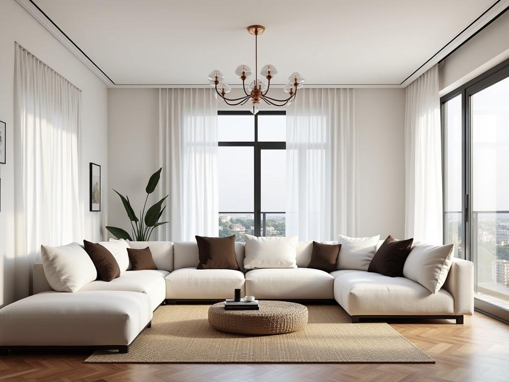 This is a spacious living room characterized by a modern and airy design. The walls are painted in a sleek white, creating a bright and inviting atmosphere. A large, plush sectional sofa in a light color is complemented with dark brown and white cushions, offering comfort and style. In the center of the room, there is a unique coffee table made from woven material, adding a touch of natural texture to the space. The floor is made of polished wooden planks that enhance the warmth of the room. Large windows allow natural light to flood the area, while elegant drapes frame the view. Above hangs a stylish chandelier, contributing to the modern aesthetic.