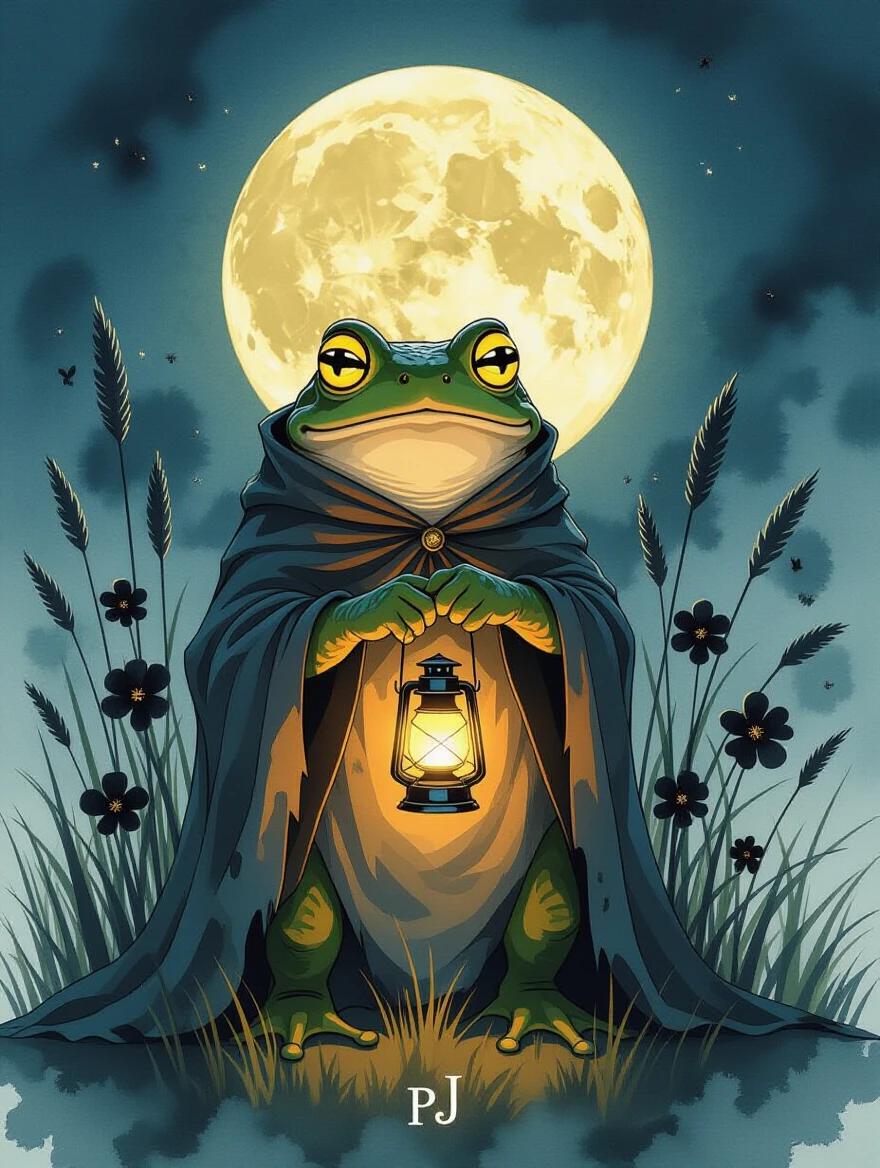 An anthropomorphic toad stands in tall grass under a full moon. The toad wears a weathered cloak and holds a lantern. Yellow eyes glow softly. Around are abstract ink flowers. The style is dreamy with whimsical shadows and a textured moon. The background has sepia tones and rough linework.