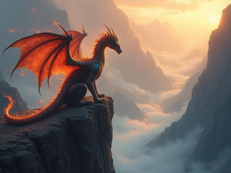 Fierce dragon with glowing wings perched on cliff. Overlooking misty valley at dawn. Surrounded by magical energy. Hyper-detailed art inspired by John Howe. Warm and cool colors contrast.