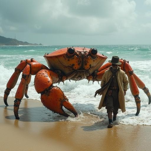 Two Victorian explorers fight a giant crab on a beach. The setting features dramatic waves and a cloudy sky. The crab looks menacing while explorers appear determined.