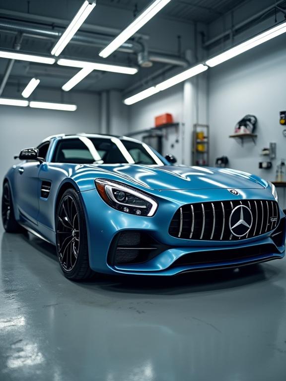 A European luxury car is parked inside a paint correction garage. The car features a sleek blue exterior, prominent front grille, and is well-lit by overhead fluorescent lights. The garage contains detailing tools and equipment.