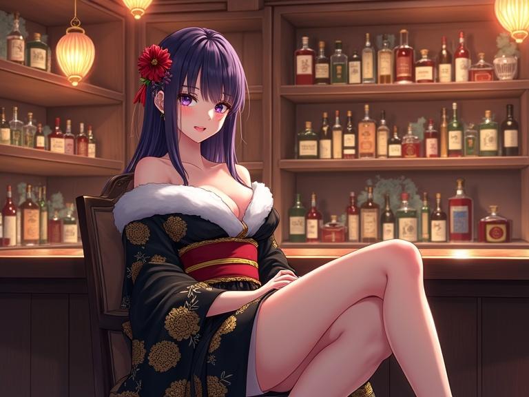 Beautiful anime-style woman sitting gracefully on a wooden chair. She has dark violet hair with a flower ornament. Wearing a black and white kimono with gold patterns and a red obi. Pose is relaxed, with one leg crossed and a confident expression. Violet eyes with subtle red lipstick. Cozy upscale bar background with liquor bottles and warm glowing lanterns.
