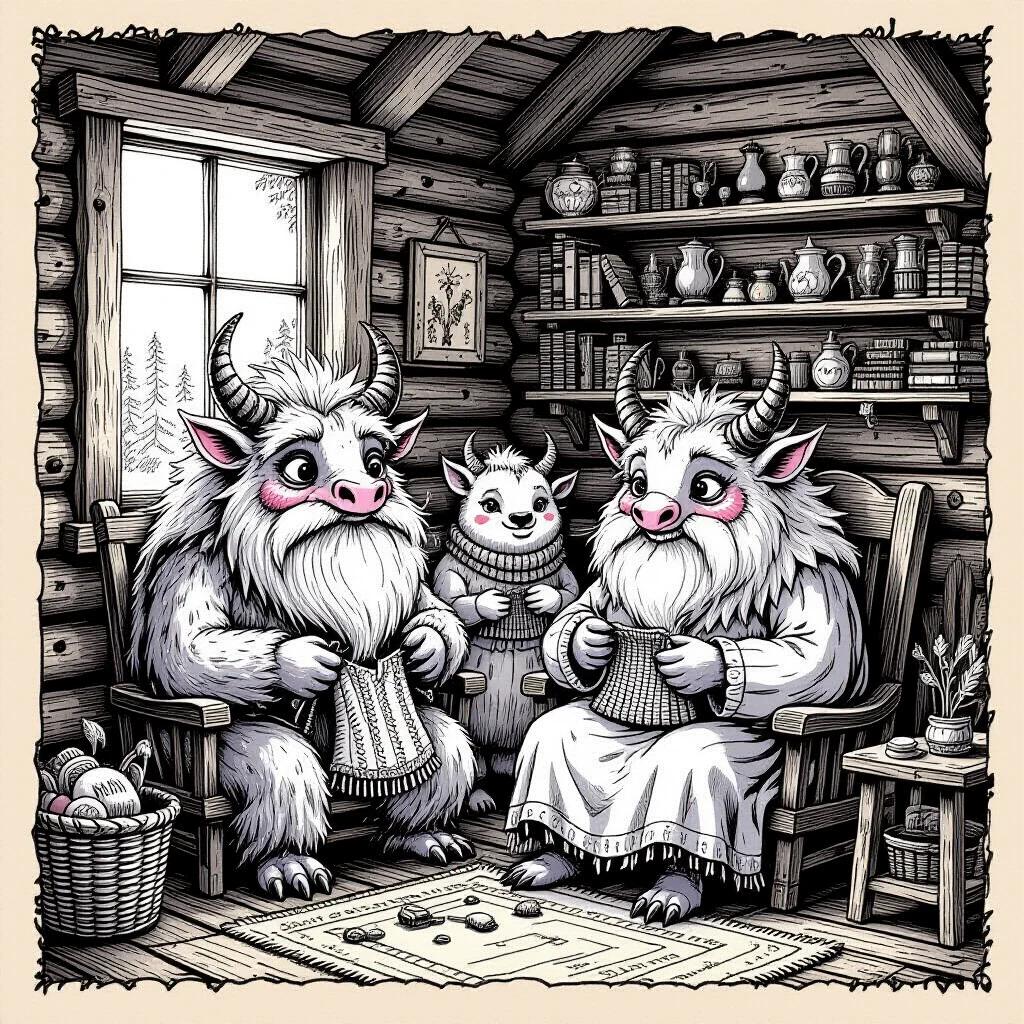 Hand-drawn ink sketch of fantastical beasts knitting with Grandma in a log cabin. Mismatched horns, fluffy coats, and expressive eyes. Highly detailed linework with crosshatching. Parchment background.