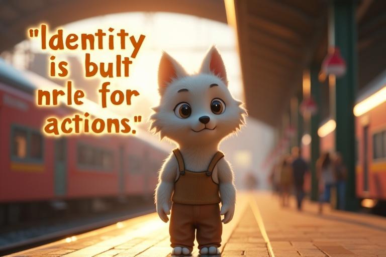 Tuku stands tall on a railway platform. White fur glows under bright sunlight. Simple vest and pants worn. Character has a determined expression. Motivational quote floats in background. Vibrant station with colorful trains and people depicted.