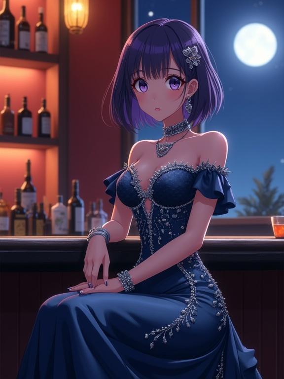 Anime rendering of a Japanese woman in a dark blue off-shoulder gown. She has semi-long violet bob hair and sits cross-legged at a bar. The bar has liquor bottles and soft lighting. A cozy ambiance with moonlight visible through a window.