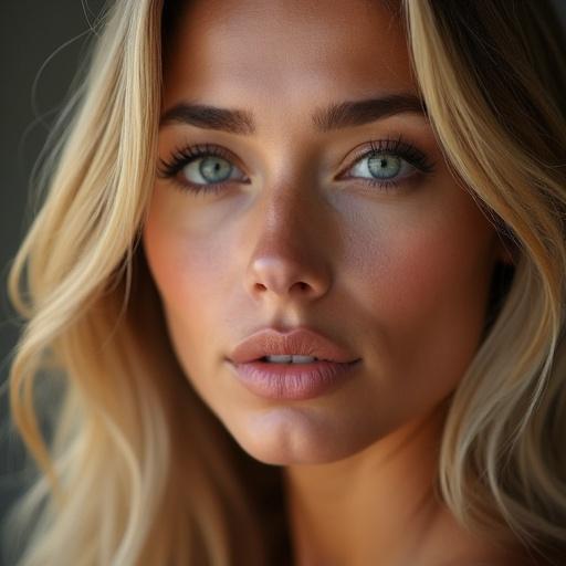 A blonde woman from Moldova with an intense gaze looking straight ahead. She has plump lips with a filler effect and is an expert in business digitalization.