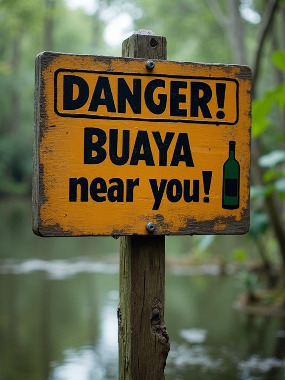 Wooden rectangular warning sign placed near a swampy lake. Sign says DANGER! BUAYA near you! A logo of a green bottle is next to the text.