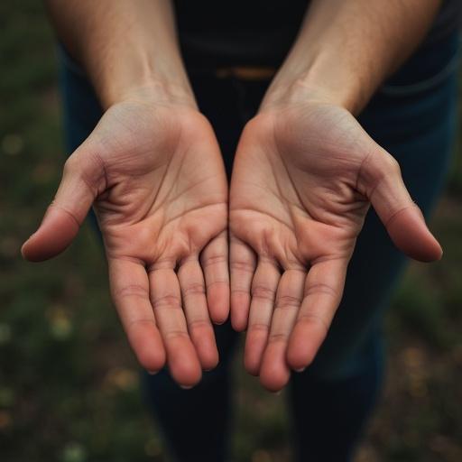Close-up image of two open hands with palms facing up. The hands are gentle and relaxed, showcasing natural skin tones. The backdrop is softly blurred with hints of nature in the background. A warm atmosphere is conveyed through soft lighting.