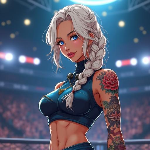Anime character with futuristic features showcasing strength and style. Woman with long blonde braid and colorful tattoos in modern martial arts setting. Confident expression and detailed bodysuit highlights character's unique style and mixed heritage.