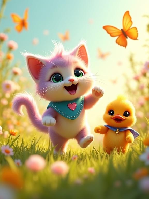 Wide-angle shot showing a sunlit meadow filled with blooming wildflowers and butterflies. In center, fluffy anthropomorphic kitten with pink and lavender fur runs joyfully through grass. Beside kitten, tiny heroic duckling with bright red feathers. Both characters laugh while chasing butterflies in golden sunlight.