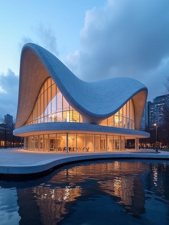Modern architectural building with unique wave-like roof structure illuminated at dusk. Cityscape visible in background with reflections on water.