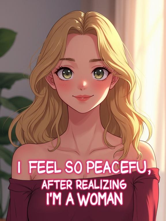 Professional portrait illustration. Young woman with long wavy blonde hair. Wearing a burgundy off-shoulder top. Medium close-up shot with natural front lighting. Overlayed with playful pink text. Serene smile looking at camera. Softly blurred interior background with window lighting. Anime style with glowing effects.