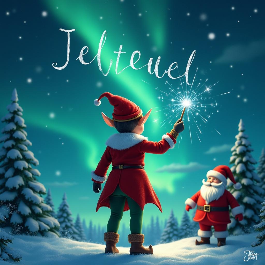 Elf facing magical sky holding a wand. Writing name in air. Background with northern lights and Santa.