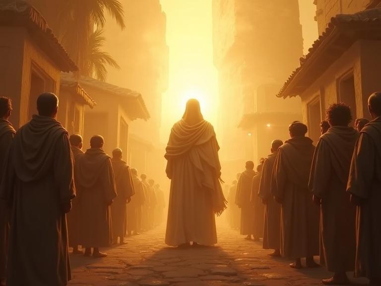 Enoch standing in a village with a divine light shining through him and villagers in awe. Realistic style with golden tones in a 9:16 aspect ratio.