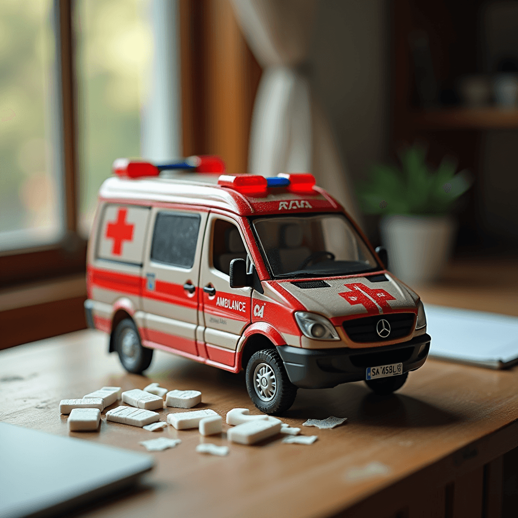 A toy ambulance sits on a table surrounded by toy blocks.