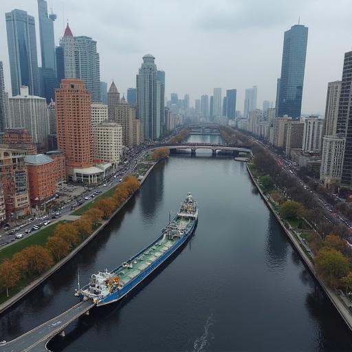 A futuristic vision of Moscow featuring a large ship navigating a river lined with modern skyscrapers and vibrant autumn trees.
