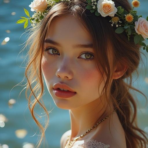 Paint a beautiful fantasy girl wearing a floral crown by a serene water body. Soft sunlight creates a warm ambiance.