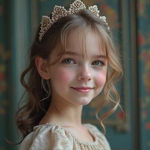 Portrait of a smiling girl wearing a crown. Soft colors and warm light. Close-up, gentle expression.