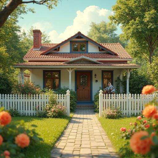 Hyperrealistic image of sunny suburban neighborhood in spring. Cozy charming house with white picket fence. Blooming flowers in front yard. Sugi and Yane from Indonesian family play guitars and sing. Friends joyfully play and dance. Yane in jilbab hijab sings. A scene filled with family love and joy. Billboard reads 'Life goes On'.
