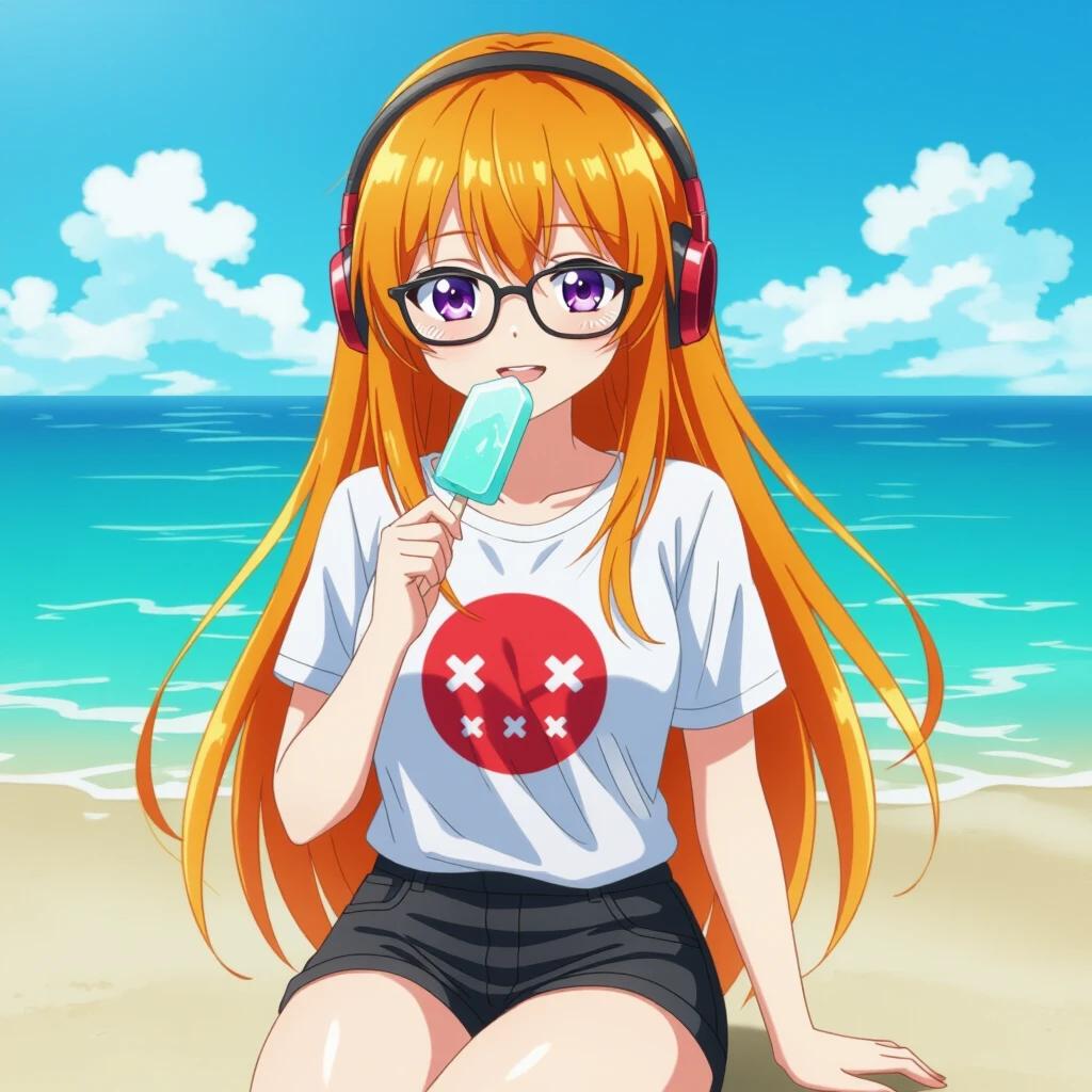 Anime girl with long straight orange hair and curtain bangs. She has purple eyes and thick black glasses. Red headphones on her head. White shirt with a red blob logo. Black shorts on her. Sitting by the seashore. Eating a mint icicle. Smiling and looking at the viewer. Vertical aspect ratio for smartphone wallpaper.
