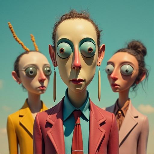 Three stylized figures with oversized features posing for a selfie. Dadaism influence with airbrush effect. Color palette includes soft pastel colors.