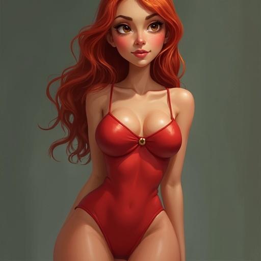 A woman with natural red hair. She has a pert nose and brown eyes. She features medium-sized breasts and large thighs. She is wearing a red dress.