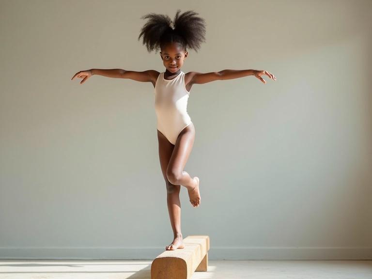 A focused girl wearing a light-colored leotard is standing on a low wooden balance beam. She holds a pose with one leg extended and arms out for balance. The floor has soft gymnastics mats for safety. She shows intense concentration in her expression.