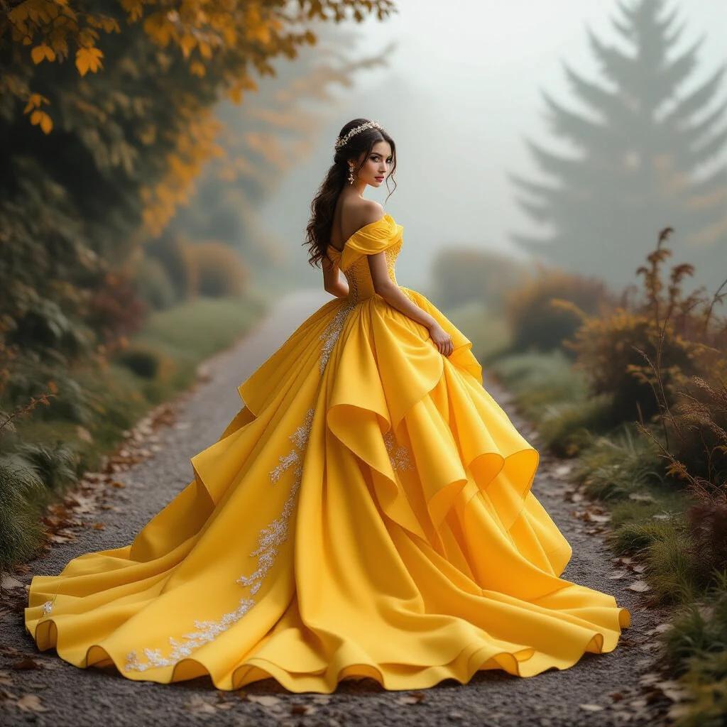 A young woman wears a stunning yellow gown in a whimsical foggy setting. The gown has intricate embellishments and flows around her as she glances over her shoulder. The background features autumnal trees and a gravel path under soft, diffused light. The scene has a fairy-tale quality.