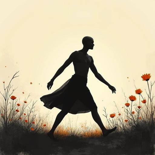 A neutral bald human figure in silhouette dances gracefully in a garden. The composition is dreamlike and minimalist. The style reflects contemporary digital painting with abstract forms and textured brushwork. It conveys emotive visual storytelling and is a visual metaphor illustration.