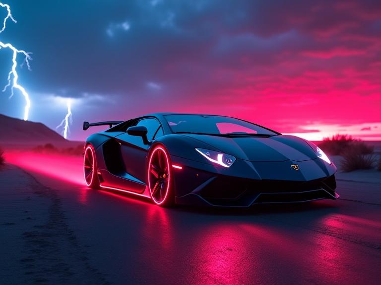 Cyberpunk scene featuring vibrant blue and red lights. Show a black Lamborghini with neon features on a hill. Lightning strikes in the background. Long laser light trails visible. Fog and rain effects enhance the atmosphere.