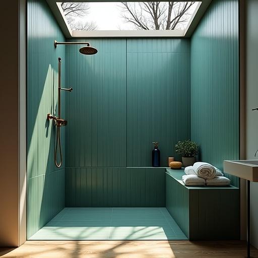 A low-angle shot in natural light features a modern shower area. Strong shadows highlight teal colored, vertically stacked tiles with a handmade look. A bronze shower head and matching valve with a handheld unit are present. A built-in niche holds a blue bottle and sponge. A tiled bench on the right has white towels and a small plant. A skylight above shows tree branches against the sky. Light wood flooring and part of a sink are visible with selective illumination. Vertical lines and contrast between light and shadow define the perspective.