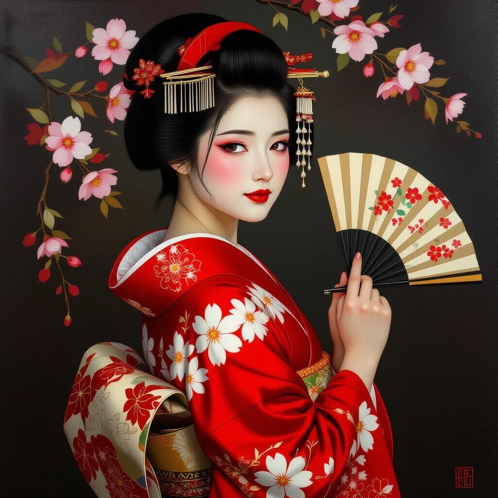 Captivating oil painting of a traditional Japanese geisha in a red kimono with floral patterns. The geisha is looking over her shoulder with a passionate and longing gaze. She has soft blush on her cheeks and delicate makeup. One hand is gently holding a fan near her shoulder. The background is dark and romantic with warm lighting. The fabric appears flowing with detailed textures.