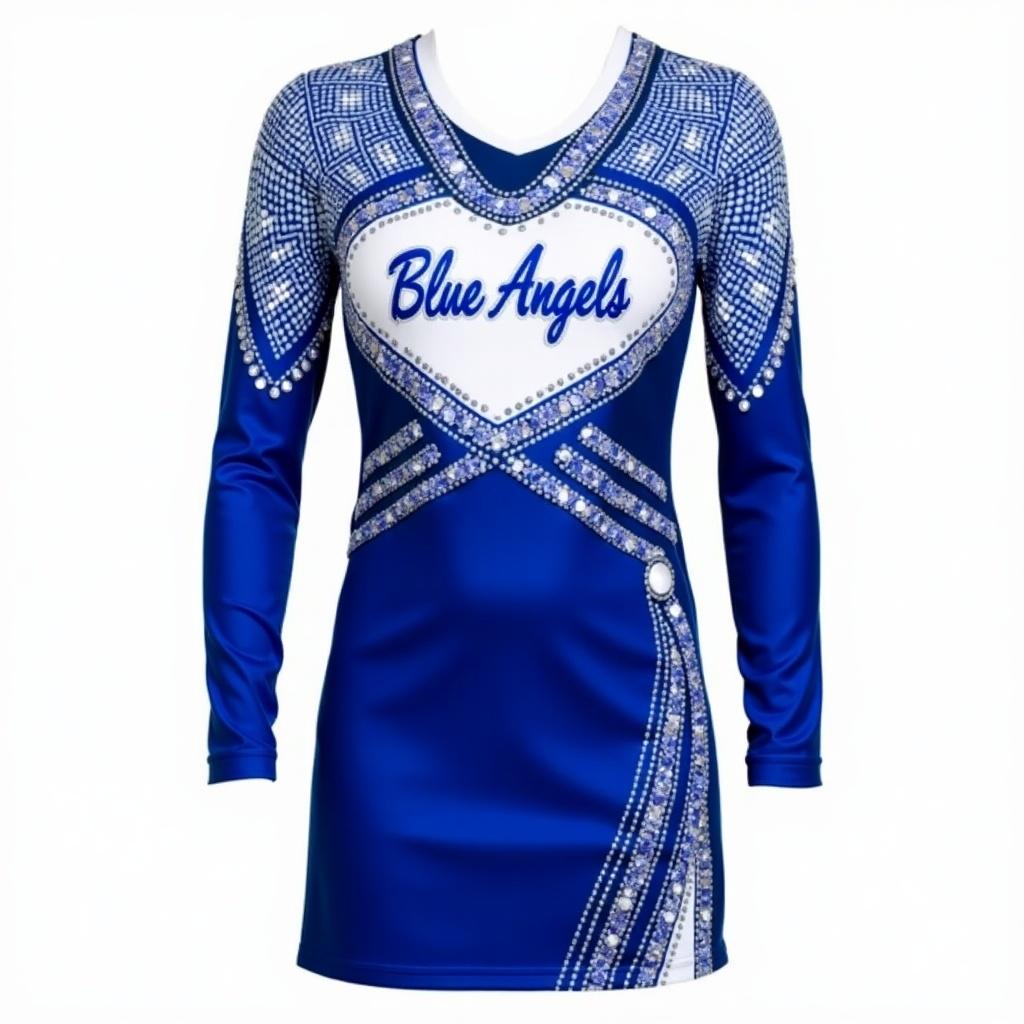 Cheerleading uniform with Blue Angels text on chest. Primarily blue and white with detachable sleeves. Back features blue angel wings. Sparkling elements enhance the design.