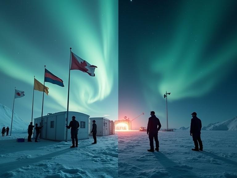 Split-scene showing two visions of Antarctica with contrasting elements. Left side features scientists at a research base under aurora, raising flags. Right side displays shadowy figures analyzing maps, satellites and a glowing underground structure. Mysterious, cinematic light and shadow play.