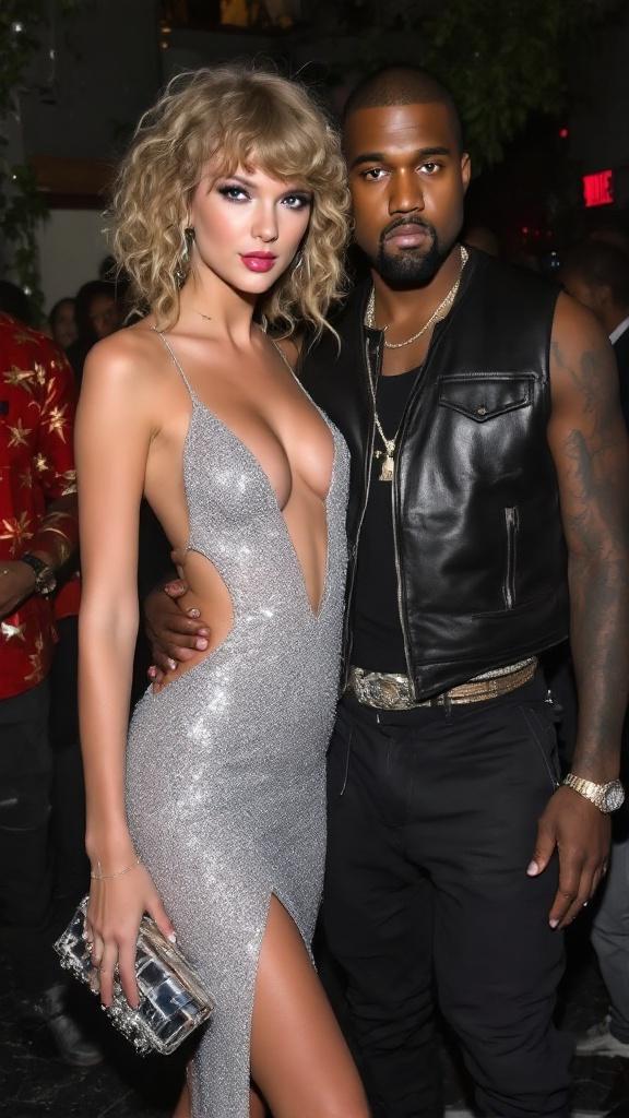 Taylor Swift attends an awards show after party. Taylor has curly blonde hair styled in her Fearless Era. She wears a sparkly silver bodycon dress. The dress has a split style and cutout design. High clear heels complete her look. Kanye West stands beside her in a black leather vest. They appear close in a vibrant atmosphere. Several rappers are present, enhancing the party scene.