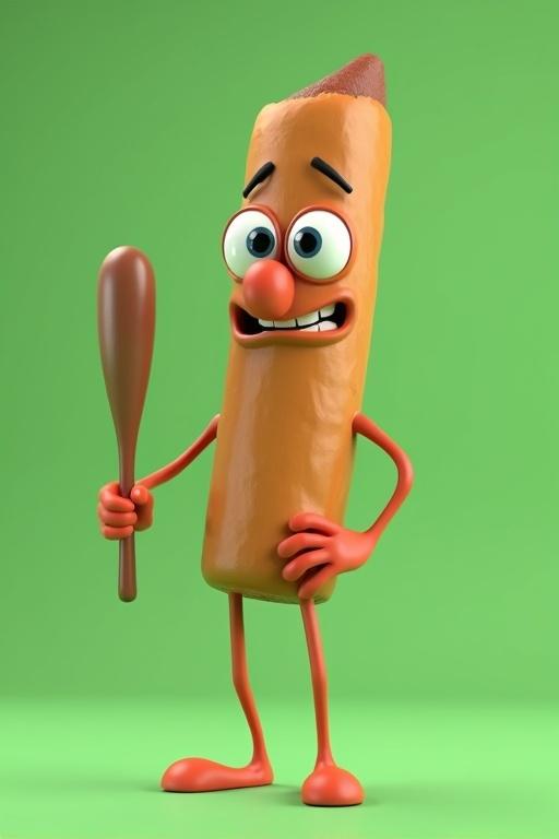 3D rendered cartoon character of an anthropomorphic cinnamon stick. Character has large expressive eyes and prominent nose. Character has thin arms and distinct human-like feet. Cinnamon stick has sad expression and holds stick baseball in right hand. Simple green background.