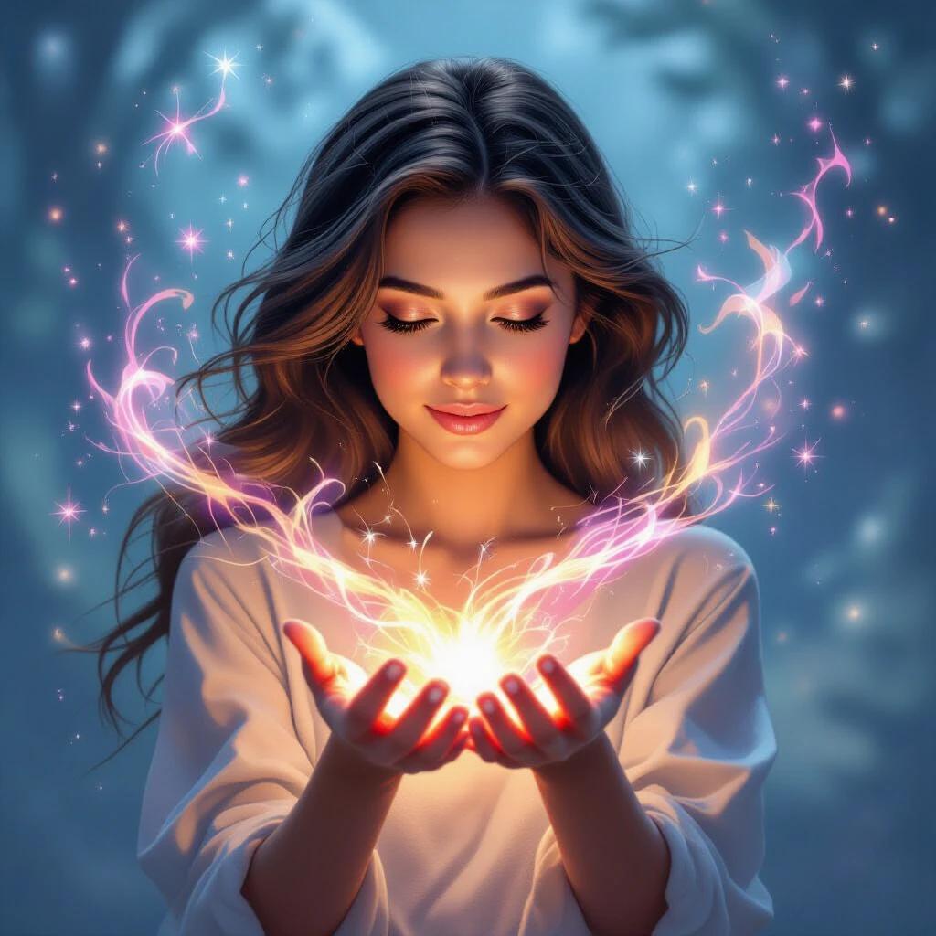 Magic swirls around hands. A woman holds glowing light in hands. Ethereal background presents mystical atmosphere. Long hair flows gently. Soft colors create a magical feeling.