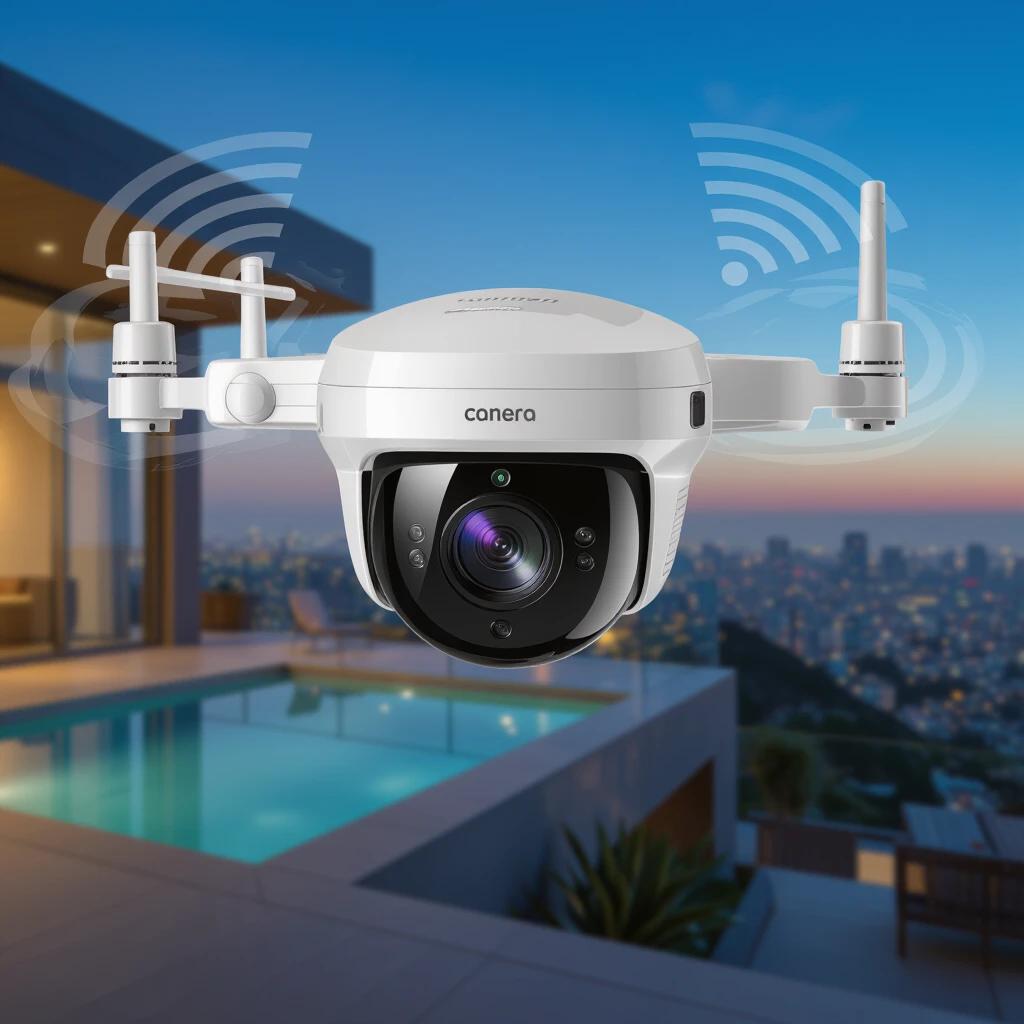 A 360° wireless IP camera is hovering in front of a luxurious home with a pool. The camera is designed for advanced surveillance and provides complete monitoring coverage in all directions. It has the ability to pan tilt and zoom for flexible observation. The background features a city view at sunset.