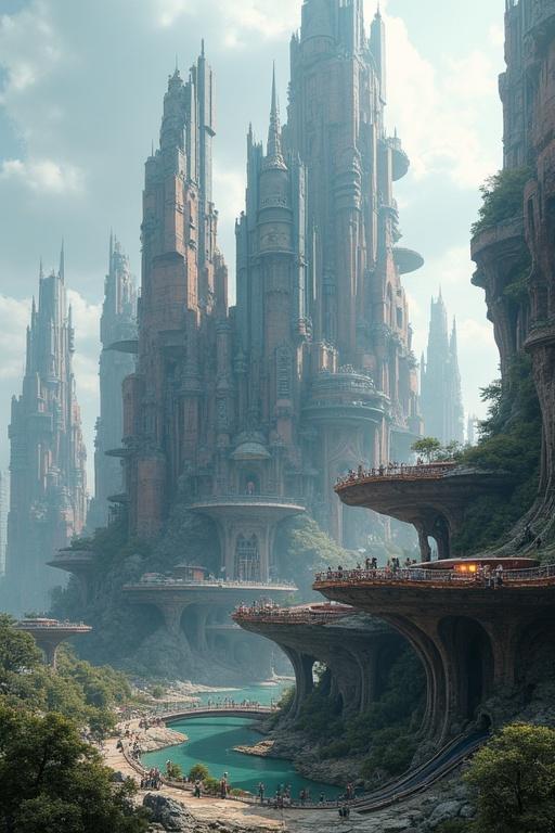 Futuristic cityscape showcasing majestic towering structures. Unique architecture reflects technological advancements. Lush greenery lines the waterway. Crowds gather in scenic outdoor spaces. A blend of organic and angular forms creates a spectacle.