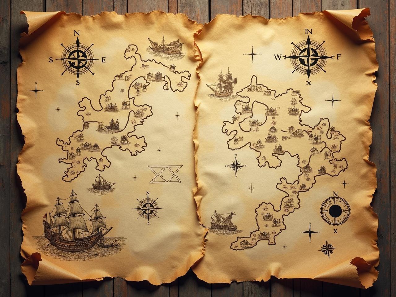 Transform the map into an old treasure map. Add a weathered and aged texture, giving it browns and yellows to mimic parchment. Incorporate tattered edges and faded ink to enhance the vintage look. Include illustrations of compasses and sea monsters to evoke adventure. Add markings that resemble treasure locations or paths, with 'X' marks indicating treasures. Overlay some mysterious symbols and hints scattered across the map for an enchanting feel.