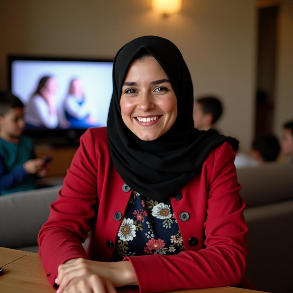 A young woman in a black hijab wears a red coat and floral dress. She smiles in a living room. Hand rests on an empty table. Warm lighting sets a cozy mood. Children watch TV in the background.