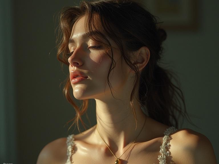 A portrait of a woman with closed eyes. The sunlight softly illuminates her face. She has wavy hair and wears delicate lingerie. The background is softly blurred to highlight her features.